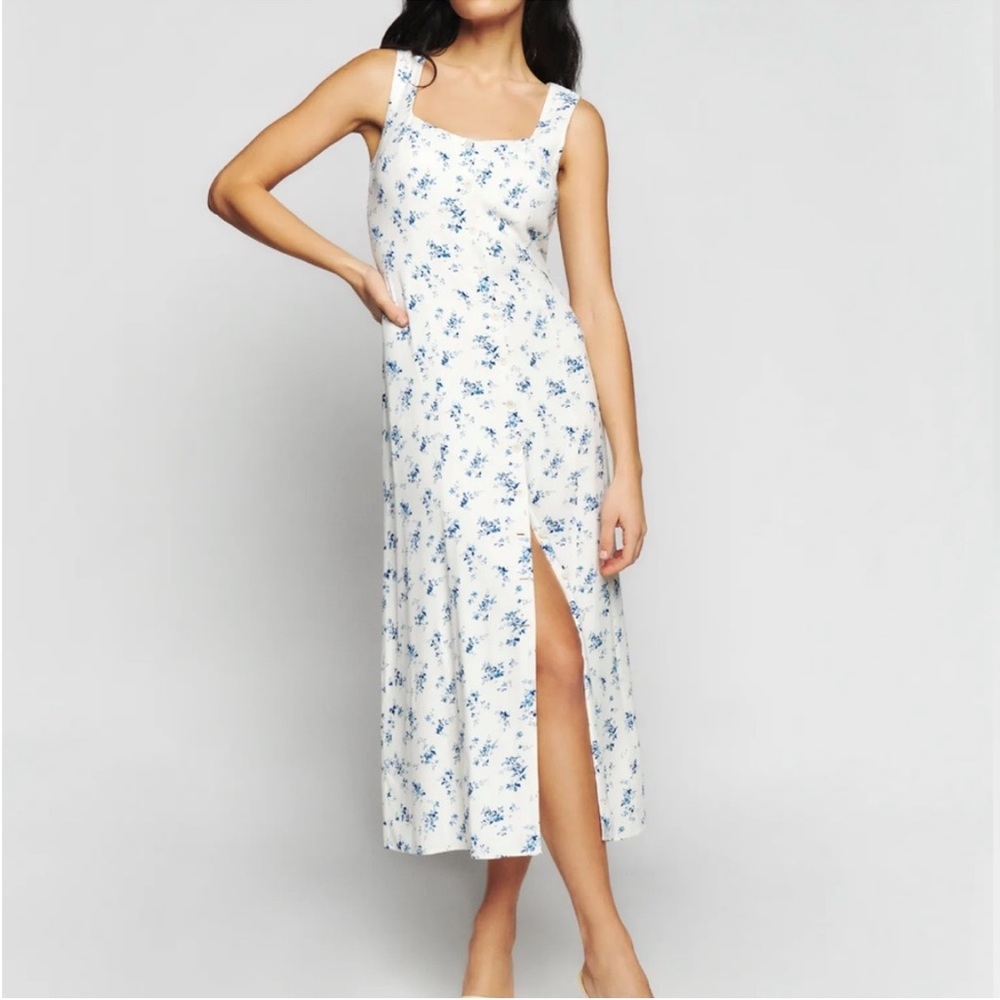Reformation White Midi Dress with Blue Floral Print